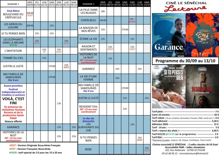 Programme cinéma Le Sénéchal Lectoure du 16 au 29 septembre 2026 p1